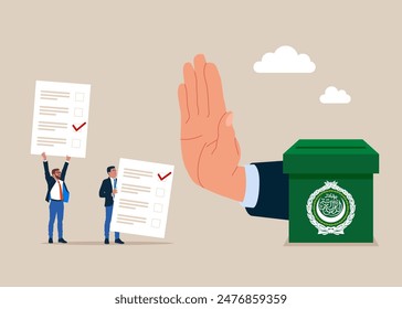 Showing her palm with refusing. Important news. Against voting in Arab League. Vote no campaign and protest signs for a political or social issue. Crisis in League of Arab States. Vector illustration 