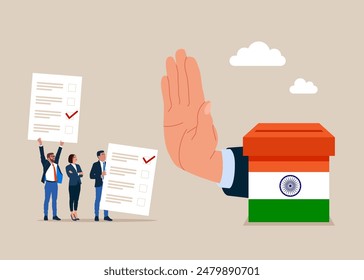 Showing her palm with refusing. Important news. Against voting in India. Vote no campaign and protest signs for a political or social issue. Crisis in India. Vector illustration in flat style.