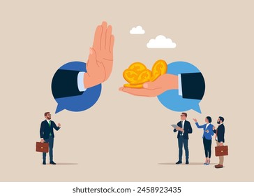 Showing her palm with refusing. Refusing money. Anti corruption scene with illegal bribe money transfer. Flat vector illustration