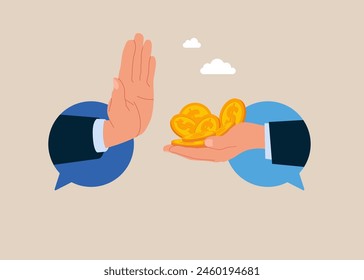 Showing her palm with refusing. Refusing money. Stop corruption. Crime and deceit. Flat vector illustration