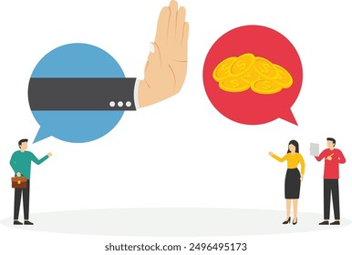 Showing her palm with refusing. Refusing money. Anti corruption scene with illegal bribe money transfer. Flat vector illustration

