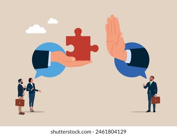 Showing her palm with refusing. Partnership recovery. Find new business opportunities. Flat vector illustration. 