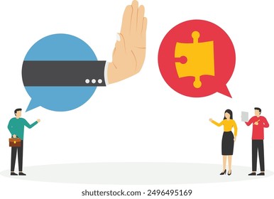 Showing her palm with refusing. Partnership recovery. Find new business opportunities. Flat vector illustration.

