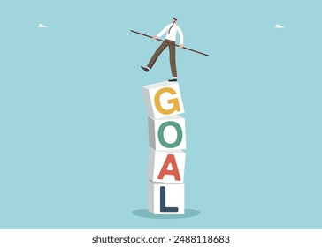 Showing initiative in achieving business goals, motivation and determination to succeed, leadership qualities for great success, career growth, accuracy in setting goals, man balancing on cubes goal.