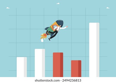 Showing initiative in achieving business goals, determination to succeed, leadership qualities for great success and career growth, motivation for high results, man on a rocket takes off  up chart.