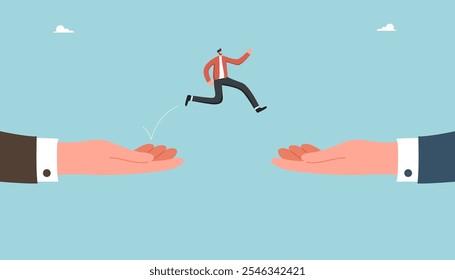 Showing initiative in achieving business goals, motivation and determination to succeed, leadership qualities for great success and career growth, overcoming obstacles, man jumps onto hand.