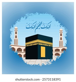 Showing the Kaaba in Mecca, embellished with Arabic script and mosque surroundings, conveying themes of spirituality, faith, and cultural relevance. Flat vector modern illustration