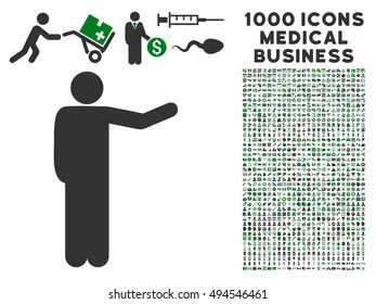 Showing Man icon with 1000 medical commercial green and gray vector pictograms. Clipart style is flat bicolor symbols, white background.
