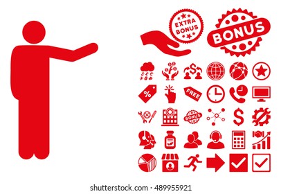 Showing Man icon with bonus clip art. Vector illustration style is flat iconic symbols, red color, white background.