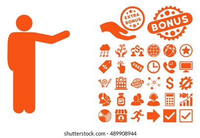 Showing Man icon with bonus pictures. Vector illustration style is flat iconic symbols, orange color, white background.