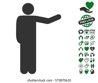 Showing Man icon with bonus valentine pictures. Vector illustration style is flat iconic green and gray symbols on white background.