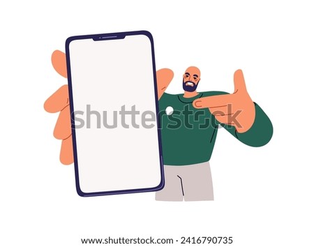 Showing mobile phone screen in hand. Happy man holding smartphone mockup, advertising cellphone app. Guy pointing at cell display with finger. Flat vector illustration isolated on white background