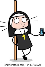 Showing Music Device - Cartoon Nun Lady Vector Illustration