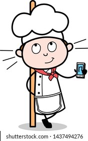 Showing a Music Device - Cartoon Waiter Male Chef Vector Illustration
