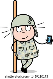 Showing a Music Device - Cute Army Man Cartoon Soldier Vector Illustration