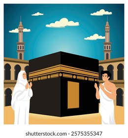 Showing Muslim pilgrims in prayer at the Kaaba in Mecca, depicting key aspects of Hajj and Islamic devotion. Flat vector modern illustration 