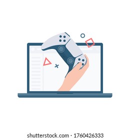 showing new game controller in website internet concept illustration, gaming concept flat illustration, hand held up joystick out from laptop flat vector illustration in isolated background