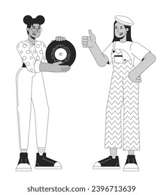 Showing off phonograph record black and white cartoon flat illustration. 80s lovers friends diverse 2D lineart characters isolated. Approval thumb up. Nostalgia monochrome scene vector outline image