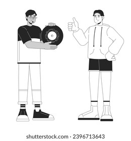 Showing off vinyl record black and white cartoon flat illustration. Best friends male retro enthusiasts diverse 2D lineart characters isolated. Nostalgia fashion monochrome scene vector outline image