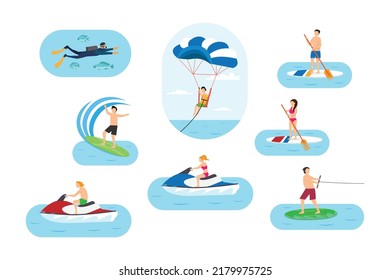 Showing people ride many types of water sports