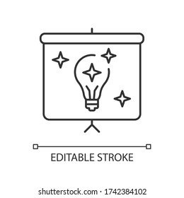 Showing pixel perfect linear icon. Corporate presentation of innovative idea. Finalized result. Thin line customizable illustration. Contour symbol. Vector isolated outline drawing. Editable stroke