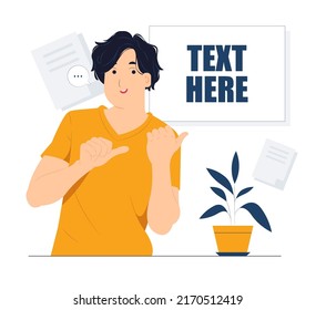 Showing and pointing fingers upper left and right corner with happy expression advices use this copy space wisely concept illustration