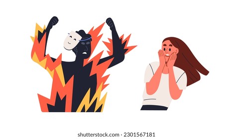 Showing real face, hatred emotion. Mad crazy evil man, abuser revealing cruel violent hating person behind fake mask, unmasking. Flat graphic vector illustration isolated on white background