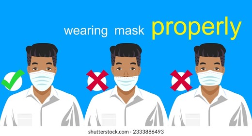 Showing right and wrong way how to wearing face mask properly by three men to avoiding pollution and viruses or illness.