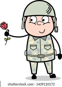 Showing a Rose Flower - Cute Army Man Cartoon Soldier Vector Illustration