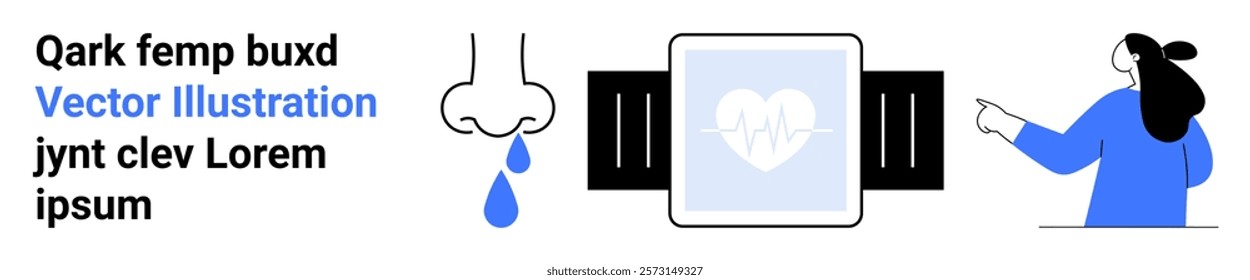 Showing a smart watch with a heart symbol, a nose with a droplet, and a person pointing. Ideal for digital health, heart rate monitoring, medical technology, wearable devices, healthcare innovations