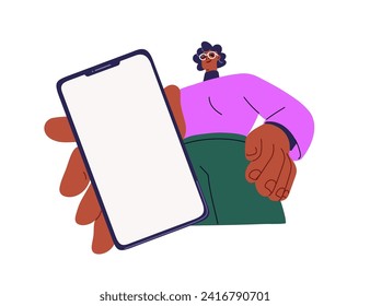 Mostrando la pantalla de un smartphone en broma. Mujer negra sosteniendo el teléfono móvil en la mano, anunciando la pantalla celular. Personaje femenino con pantalla táctil de teléfono celular. Ilustración vectorial plana aislada en fondo blanco