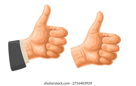 Mostrando el símbolo Like. Haciendo un gesto con el pulgar hacia arriba. Mano masculina en traje de manga y sin. Ilustración vectorial aislada en blanco. Firme para el cartel, icono del Web, gráfico de la información