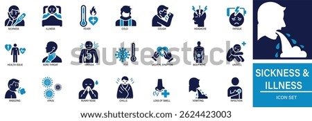  showing symptoms of sickness, illness, and common health conditions like fever, cold, and fatigue. icons set