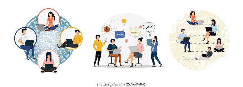Showing team work and communication in a virtual setting. Coworkers discussing ideas. A digitally connected work team concept with a modern design. Set flat vector modern illustration