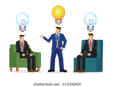 Showing three businessman. The one with the idea explaining his concept to the other two. Showing the important and advantage in the corporate world. Vector business illustration.