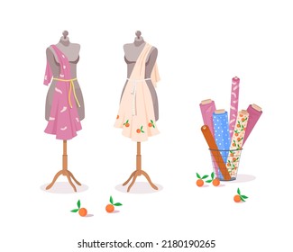 Showing and trying on fabrics on mannequins. Tailoring, dresses. Concept of sewing workshop, atelier. Demonstration of rolls of fabrics. Vector illustration in flat style on isolated background.