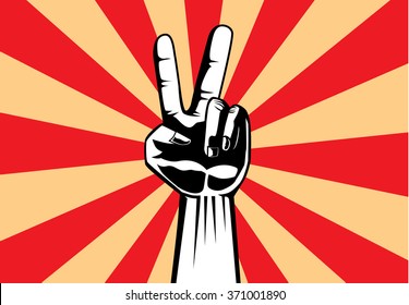 Showing two finger out of hand on red rising sun background.
