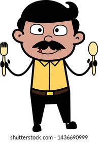 Showing Variety of Spoons - Indian Cartoon Man Father Vector Illustration