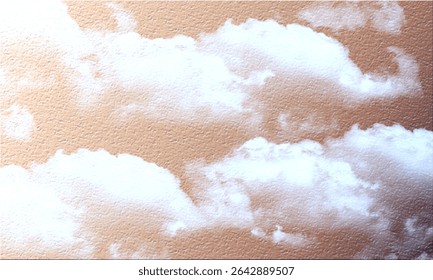 Showing white clouds in a light brown or beige background, with a texture that resembles textured paper or canvas

