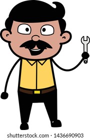 Showing Wrench Tool - Indian Cartoon Man Father Vector Illustration