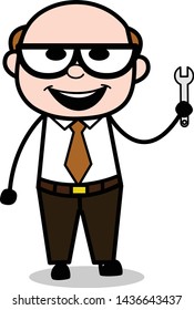 Showing a Wrench Tool - Retro Cartoon Father Old Boss Vector Illustration