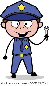 Showing Wrench Tool - Retro Cop Policeman Vector Illustration