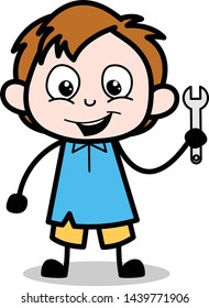 Showing Wrench Tool - School Boy Cartoon Character Vector Illustration