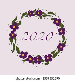 Showing the year 2020. round frame with purple flowers with green leaves with pink and white stripes