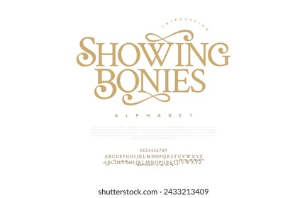 Showingbonies premium luxury elegant alphabet letters and numbers. Elegant wedding typography classic serif font decorative vintage retro. Creative vector illustration