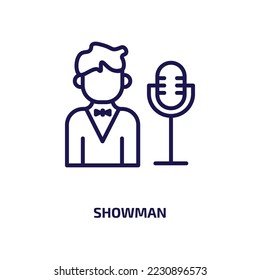 Showman Icon aus der Berufssammlung. Dünner linearer Showman, Mann, Unterhaltungskontursymbol einzeln auf weißem Hintergrund. Zeilensymbol für Vektorgrafik, Symbol für Web und Mobile