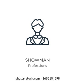 Showman icon. Thin linear showman outline icon isolated on white background from professions collection. Line vector sign, symbol for web and mobile