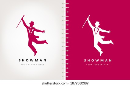 Showman jumping with cane logo vector