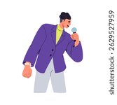 Showman with microphone. Happy male host, speaker, entertainer holding mic, speaking, announcing, presenting at live event. Show man with mike. Flat vector illustration isolated on white background