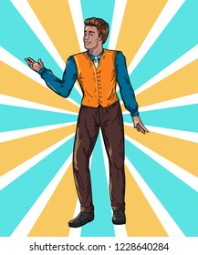 Showman on rays background Portrait full length. Smiling young male entertainer, presenter or actor. Vector illustration